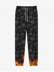 Gothic Distressed Skulls Fire Flame Print Pocket Drawstring Sweatpants For Men -  