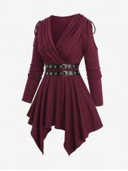 Plus Size Buckle Grommets PU Leather Stripe Ruched Cinched Shoulder Surplice Asymmetrical Marled T-shirt -  