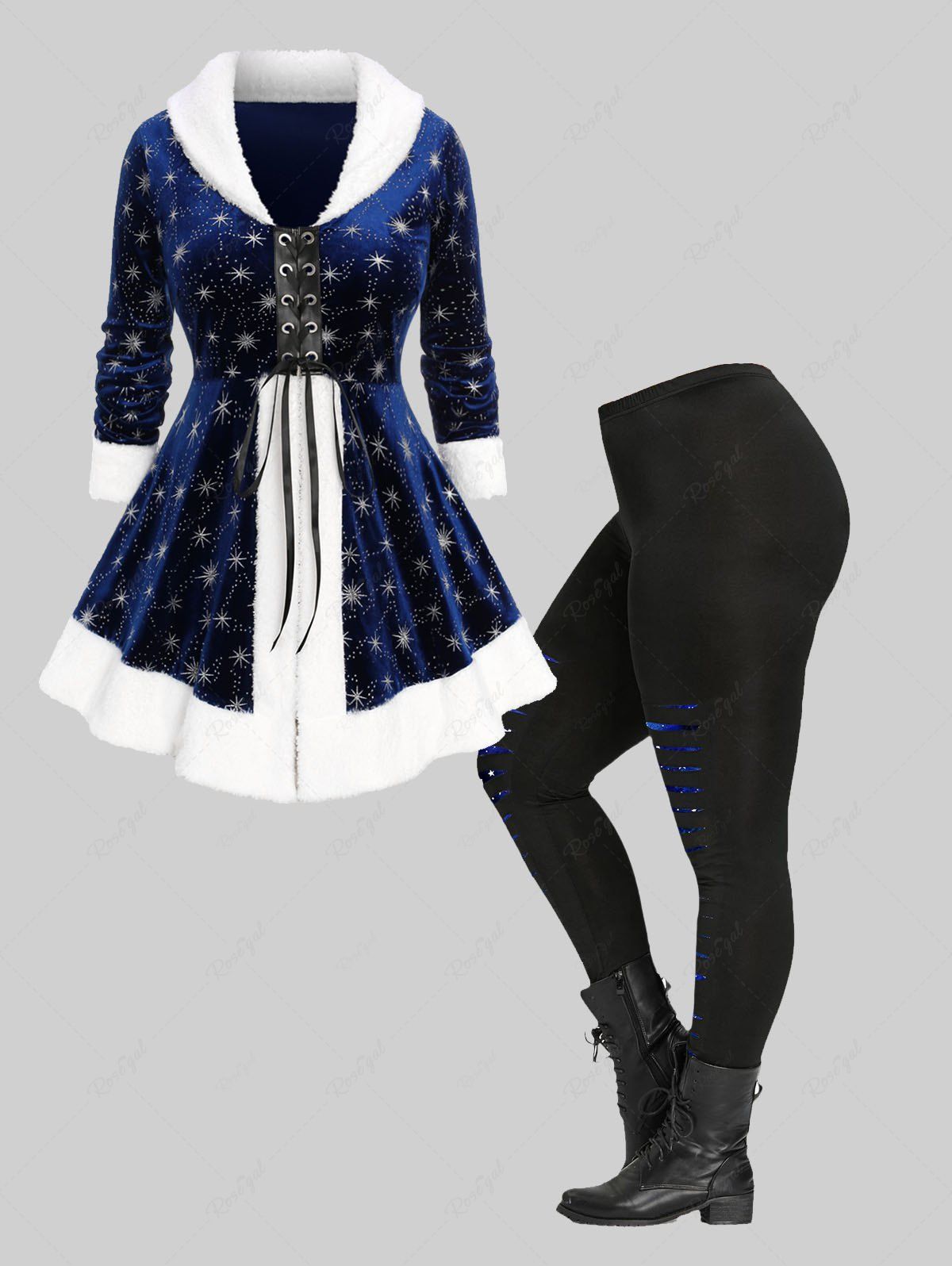Sale Lace Up Fur Trim Silver Stamping Velvet Coat and 3D Star Glitter Ripped Printed Skinny Leggings Plus Size Outfit  
