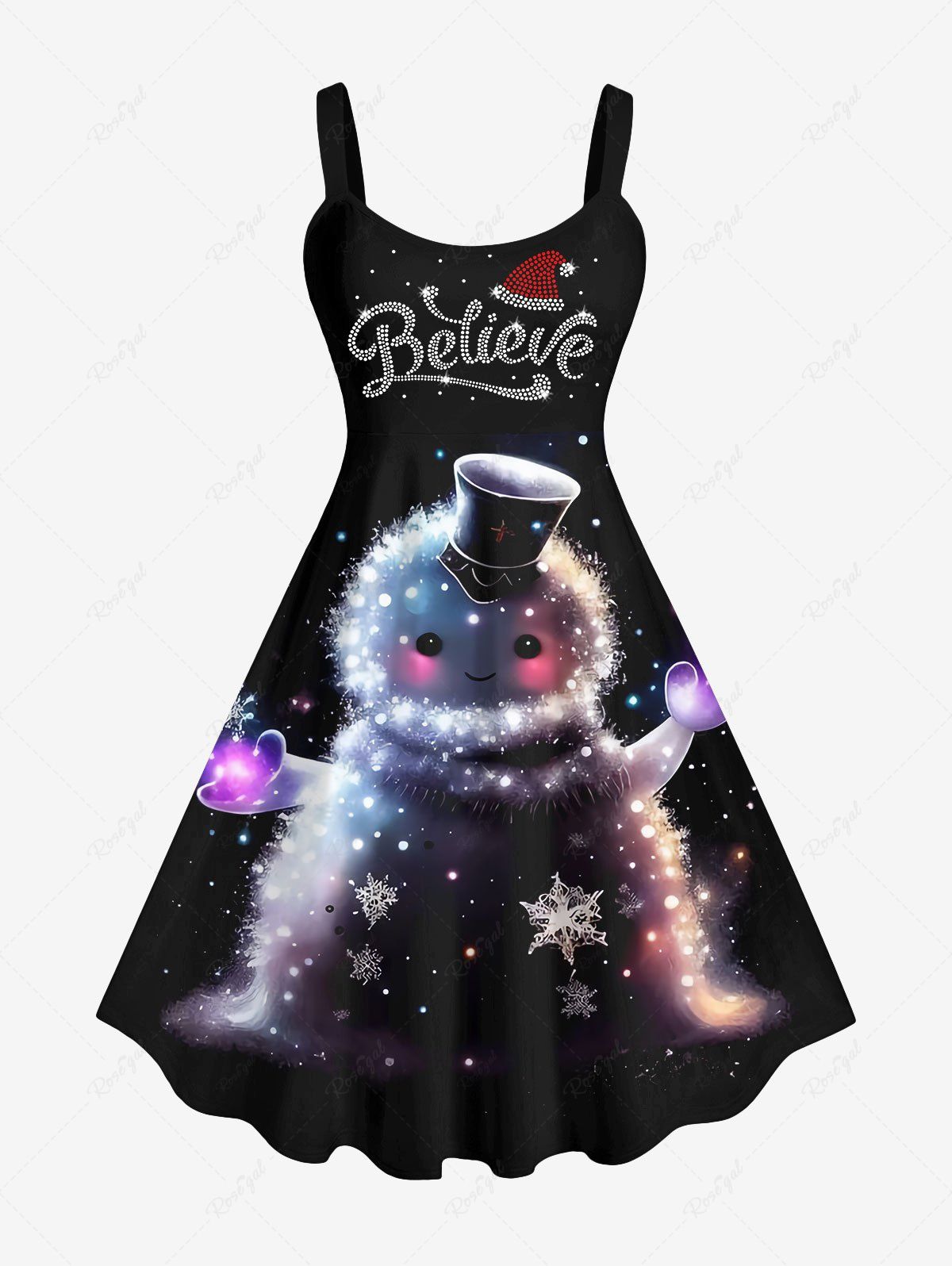 Sale Plus Size Glitter Sparkling Christmas Light Hat Snowman Snowflake Letters Print A Line Tank Dress  