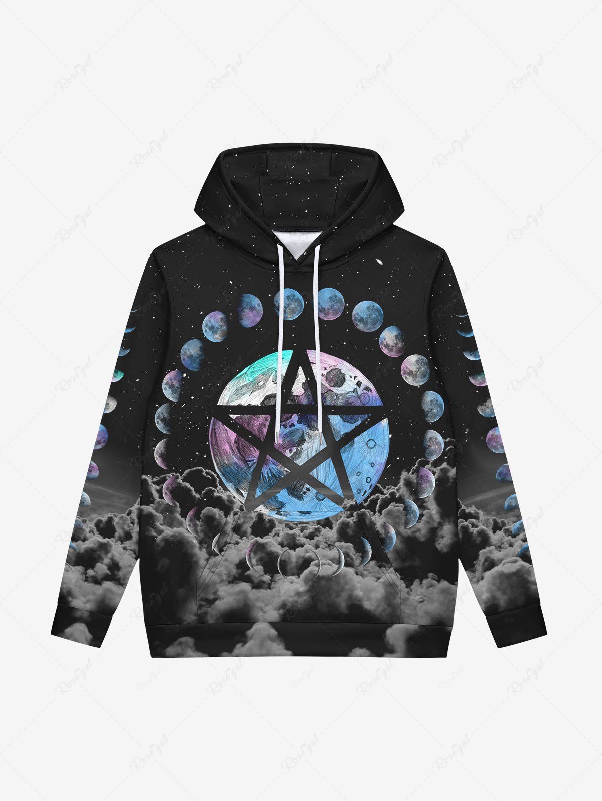 Store Gothic 3D Moon Planet Pentagram Cloud Galaxy Print Pocket Drawstring Fleece Lining Pullover Hoodie For Men  