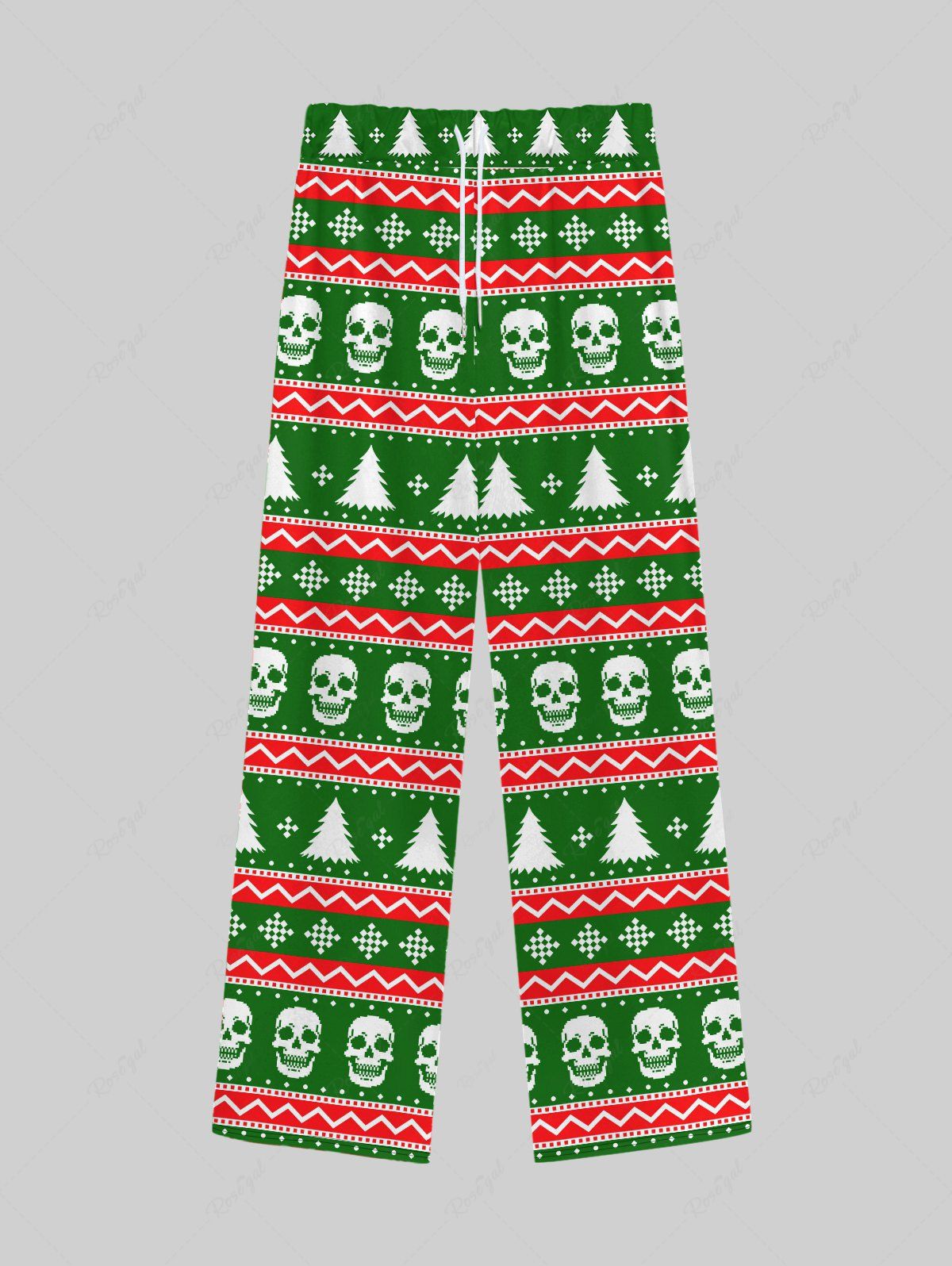Fashion Gothic Christmas Tree Snowflake Striped Skulls Print Wide Leg Pull On Drawstring Sweatpants For Men  