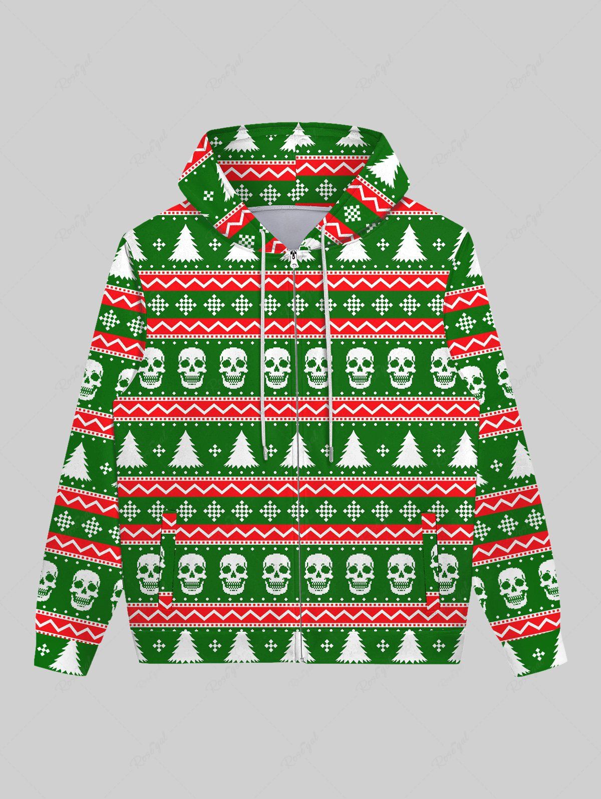 Fashion Gothic Christmas Tree Snowflake Skulls Striped Print Zipper Pocket Drawstring Hoodie For Men  