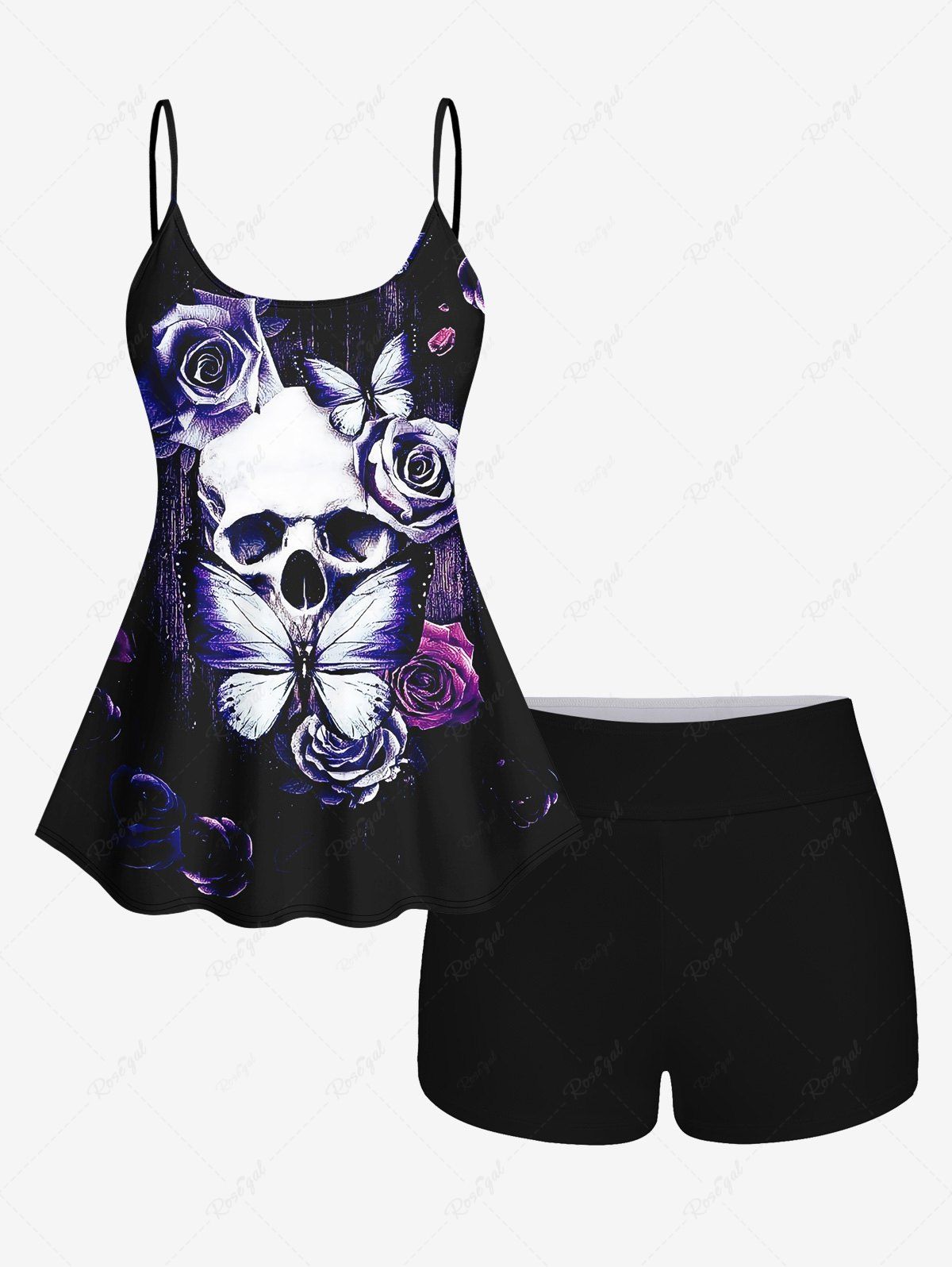 Outfit Distressed Rose Flower Butterfly Skull Printed Padded Boyleg Tankini Swimsuit (Adjustable Shoulder Strap)  