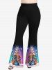Plus Size Colorful Cat Christmas Tree Stars Snowflake Print Ombre Pull On Flare Pants -  