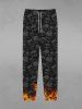 Gothic Distressed Skulls Fire Flame Print Pocket Drawstring Sweatpants For Men -  