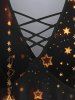 Plus Size Flare Sleeves Glitter Sparkling Christmas Light Stars Tassel Print Lattice Top -  
