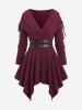 Plus Size Buckle Grommets PU Leather Stripe Ruched Cinched Shoulder Surplice Asymmetrical Marled T-shirt -  