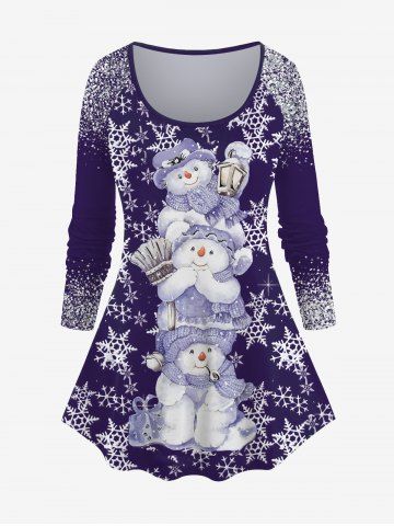 Plus Size Christmas Snowman Snowflake Sparkling Sequin Glitter 3D Print T-shirt - CONCORD - 1X