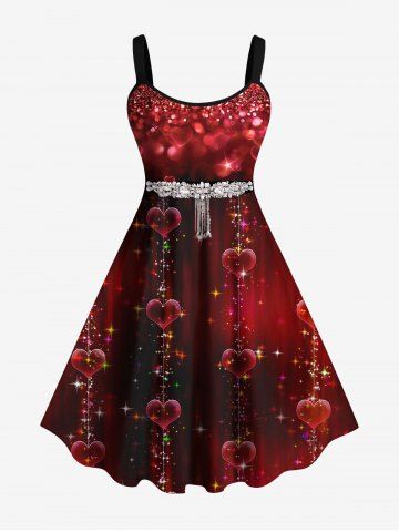 Plus Size 3D Glitter Sparkling Rhinestone Tassel Heart Print Ombre A Line Valentines Tank Party Dress - DEEP RED - L