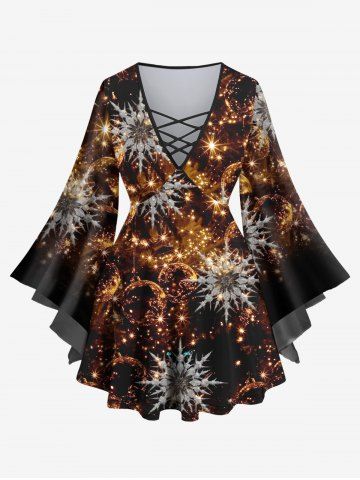 Plus Size Flare Sleeves Glitter Sparkling Christmas Ball Light Snowflake Print Lattice Ombre Top - DEEP COFFEE - XS