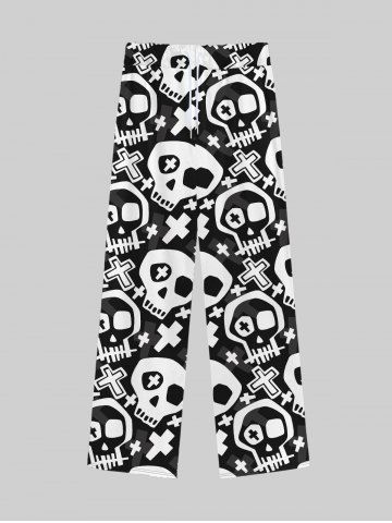 Gothic Skulls Cross Print Drawstring Wide Leg Sweatpants For Men - BLACK - L