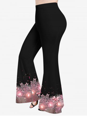 Pantalon Evasé 3D Fleuri Imprimé avec Nœud Papillon de Noël de Grande Taille à Paillettes - LIGHT PINK - XS