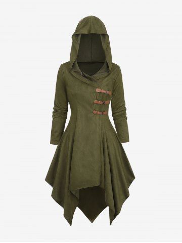 Plus Size PU Buckle Long Sleeves Hooded Handkerchief Coat - DEEP GREEN - M | US 10