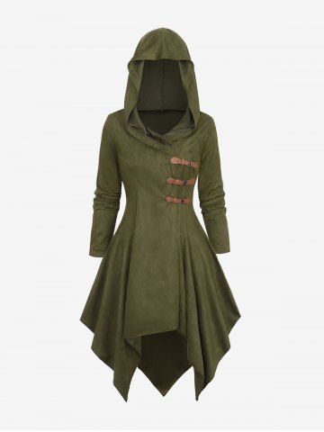 Plus Size PU Buckle Long Sleeves Hooded Handkerchief Coat - DEEP GREEN - 5X | US 30-32