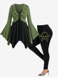 Flare Sleeves O-Ring Buckle Ruffles Handkerchief 2 in 1 T-shirt and Skull Printed Leggings Plus Size Outfit -  