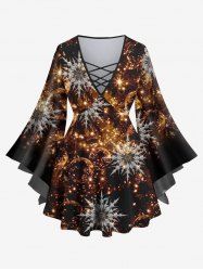 Plus Size Flare Sleeves Glitter Sparkling Christmas Ball Light Snowflake Print Lattice Ombre Top -  