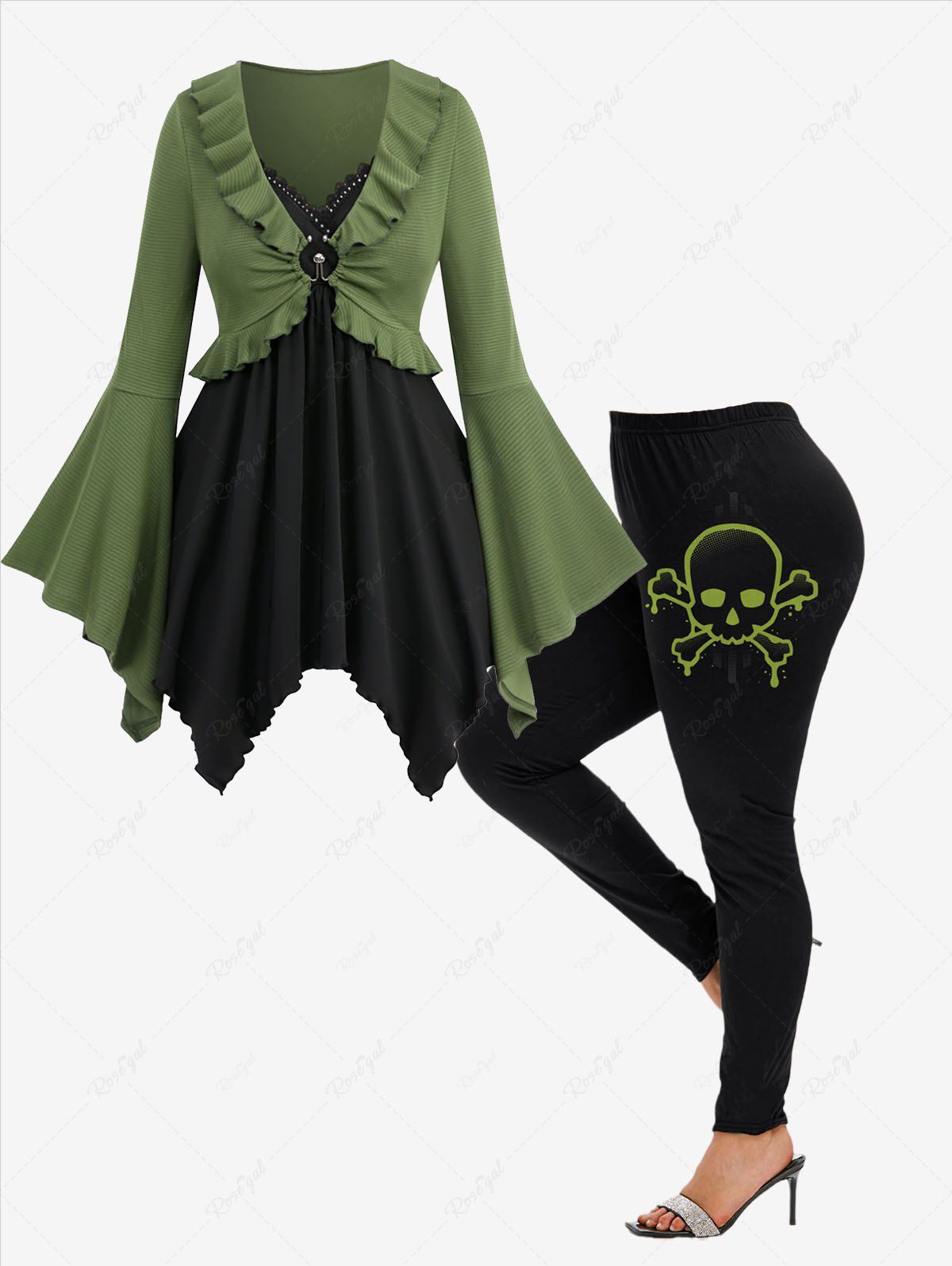 Online Flare Sleeves O-Ring Buckle Ruffles Handkerchief 2 in 1 T-shirt and Skull Printed Leggings Plus Size Outfit  