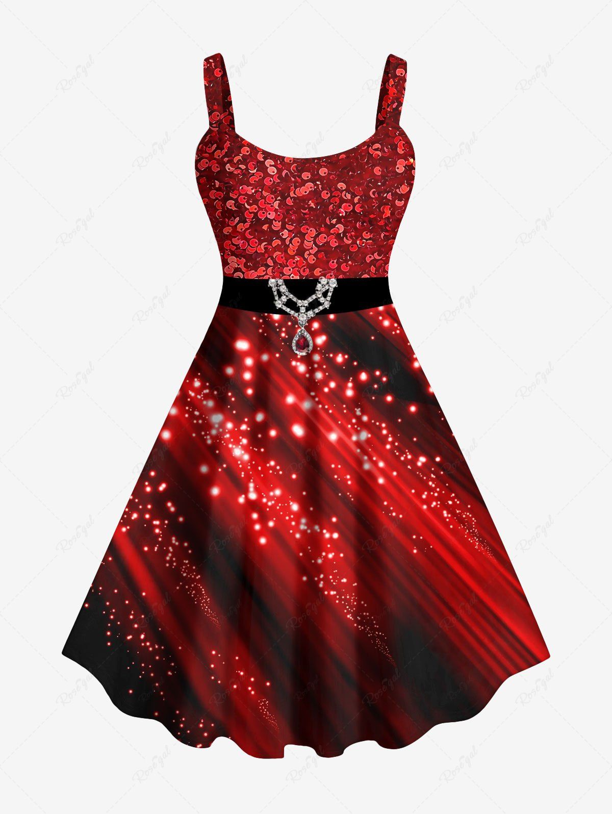 Affordable Plus Size Christmas Sparkling Sequin Glitter Gem Buckle 3D Print Tank Party Dress  