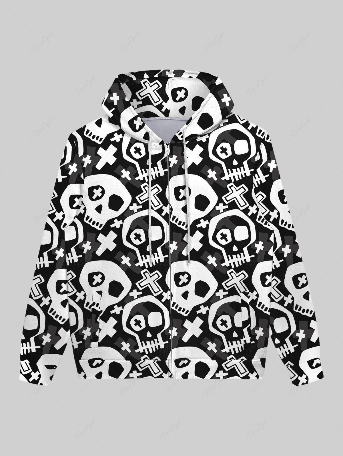 Store Gothic Skulls Cross Print Two Tone Zip Up Pockets Hoodie For Men  