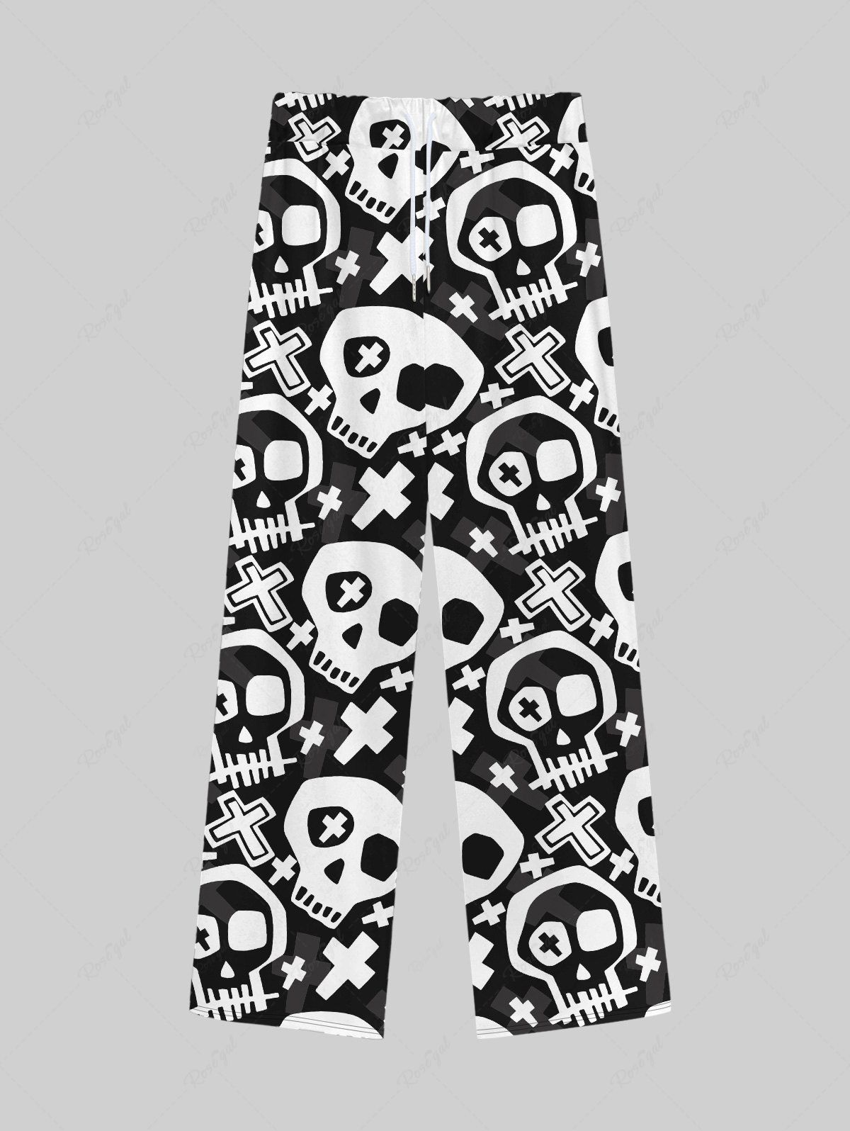 Sale Gothic Skulls Cross Print Drawstring Wide Leg Sweatpants For Men  