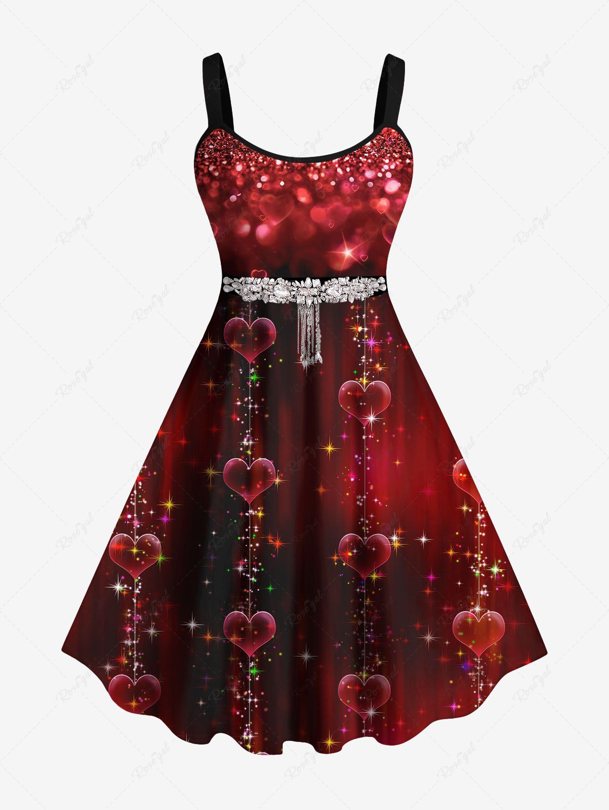 Unique Plus Size 3D Glitter Sparkling Rhinestone Tassel Heart Print Ombre A Line Valentines Tank Party Dress  