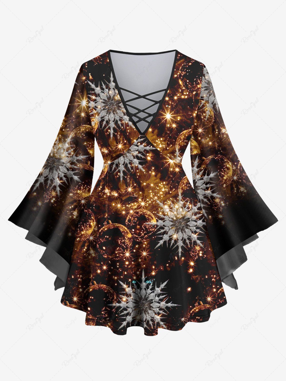 Outfits Plus Size Flare Sleeves Glitter Sparkling Christmas Ball Light Snowflake Print Lattice Ombre Top  