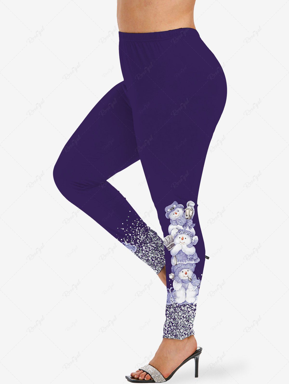 Outfit Plus Size Christmas Snowflake Snowman Sparkling Sequin Glitter 3D Print Leggings  