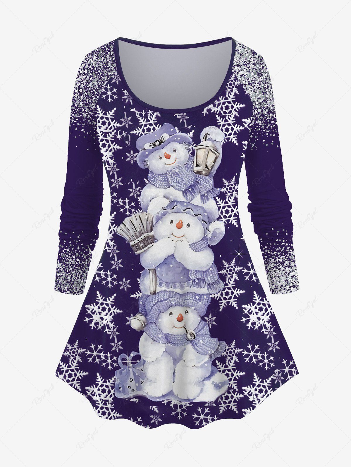 Outfit Plus Size Christmas Snowman Snowflake Sparkling Sequin Glitter 3D Print T-shirt  