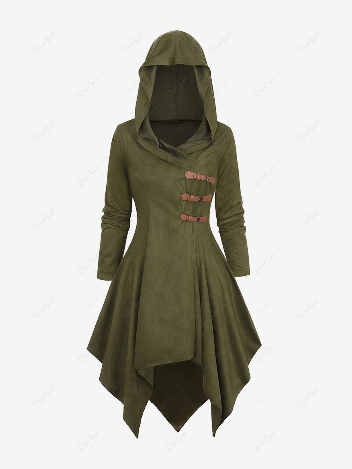 Outfit Plus Size PU Buckle Long Sleeves Hooded Handkerchief Coat  