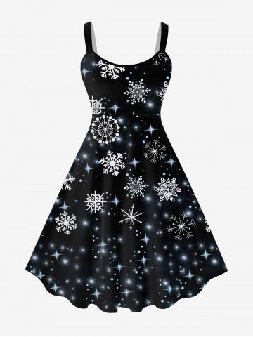 Plus Size Glitter Sparkling Stars Snowflake Galaxy Print Christmas A Line Tank Party Dress - BLACK - XS