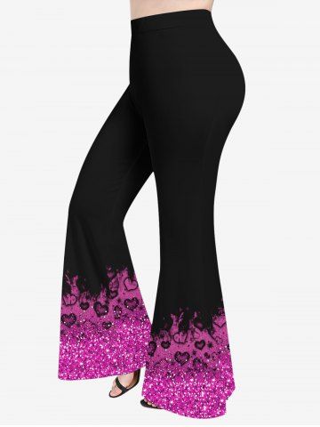 Plus Size Heart Flame Colorblock Sparkling Sequin Glitter 3D Print Flare Disco Pants - LIGHT PINK - 3X