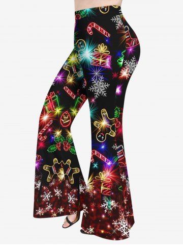 Plus Size Glitter Sparkling Christmas Tree Light Ball Snowflake Candy Gingerbread Print Pull On Ombre Disco Flare Pants - MULTI-A - M