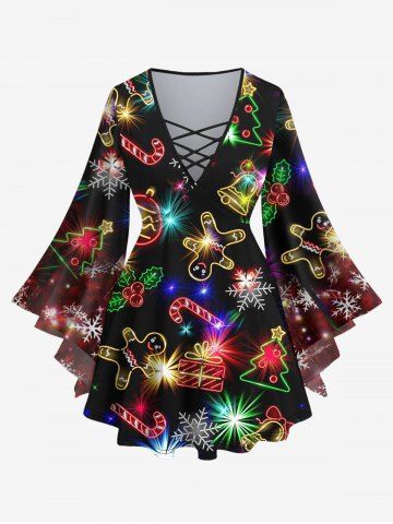 Plus Size Glitter Sparkling Christmas Tree Light Ball Bell Snowflake Candy Gingerbread Print Flare Sleeves Lattice Ombre Top - MULTI-A - 1X