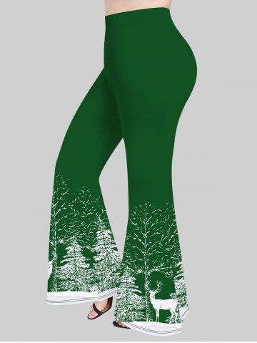 Plus Size Christmas Tree Snowflake Elk Print Pull On Flare Pants - DEEP GREEN - 6X