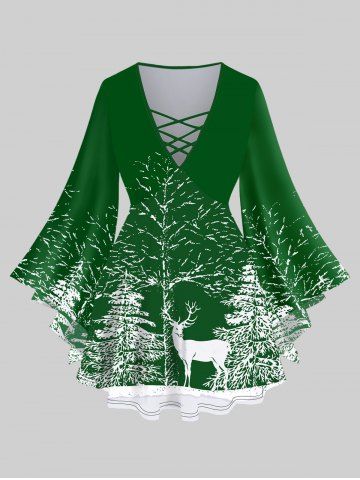 Plus Size Christmas Tree Snowflake Elk Print Flare Sleeves Lattice Top - DEEP GREEN - 6X