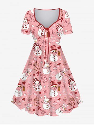 Plus Size Christmas Tree Ball Heart Glove Snowman Gift Box Stars Print Cinched A Line Dress - LIGHT PINK - M