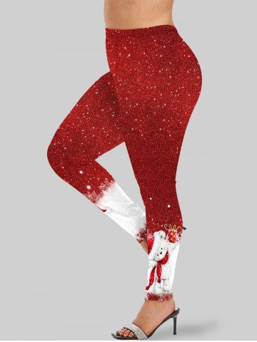 Plus Size Glitter Sparkling Christmas Hat Bear Snowflake Gift Box Sequins Print Skinny Leggings - RED - XS