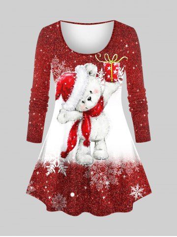Plus Size Glitter Sparkling Christmas Hat Bear Snowflake Gift Box Sequins Print Long Sleeves T-shirt - RED - 2X