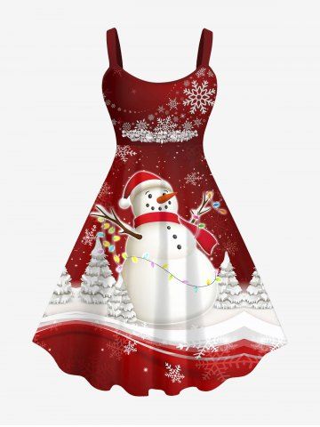 Plus Size 3D Christmas Tree Light  Hat Snowflake Snowman Rhinestone Print Ombre A Line Tank Dress - DEEP RED - XS
