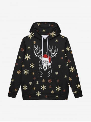 Gothic Christmas Hat Snowflake Elk Print Pocket Drawstring Pullover Fleece Lining Long Sleeves Hoodie For Men