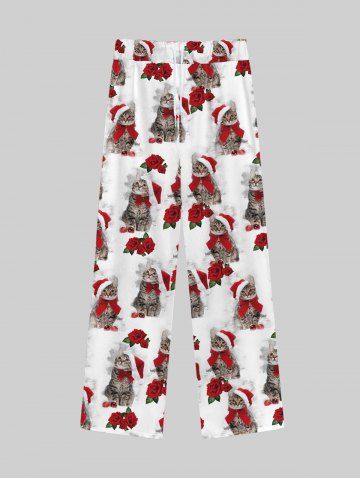 Gothic Christmas Hat Bowknot Cats Rose Flower Print Wide Leg Drawstring Sweatpants For Men
