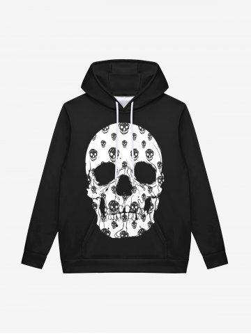 Gothic Skulls Print Pocket Drawstring Fleece Lining Pullover Long Sleeves Hoodie For Men - BLACK - XL
