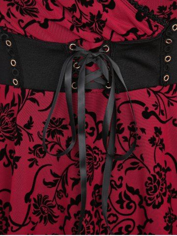 Plus Size Floral Mesh Flocking Lace Up Lace-trim Grommet 2 in 1 Long Sleeves Corset Top