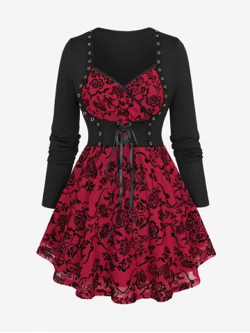 Plus Size Floral Mesh Flocking Lace Up Lace-trim Grommet 2 in 1 Long Sleeves Corset Top - RED - 1X | US 14-16