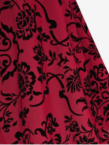 Plus Size Floral Mesh Flocking Lace Up Lace-trim Grommet 2 in 1 Long Sleeves Corset Top