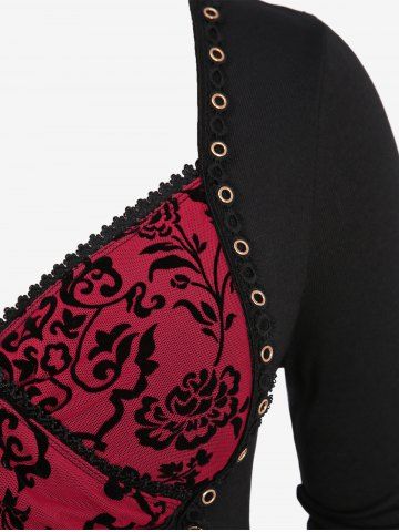 Plus Size Floral Mesh Flocking Lace Up Lace-trim Grommet 2 in 1 Long Sleeves Corset Top