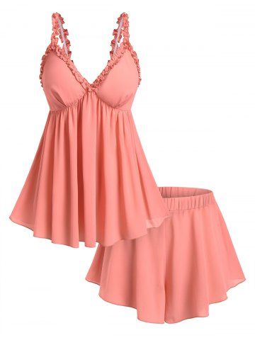 Plus Size Ruffles Ruched Low Cut Solid Pajama Shorts Set