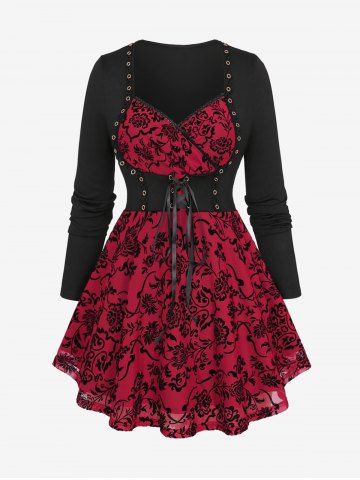 Plus Size Floral Mesh Flocking Lace Up Lace-trim Grommet 2 in 1 Long Sleeves Corset Top - RED - 5X | US 30-32