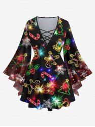 Plus Size Glitter Sparkling Christmas Tree Light Ball Bell Snowflake Candy Gingerbread Print Flare Sleeves Lattice Ombre Top -  